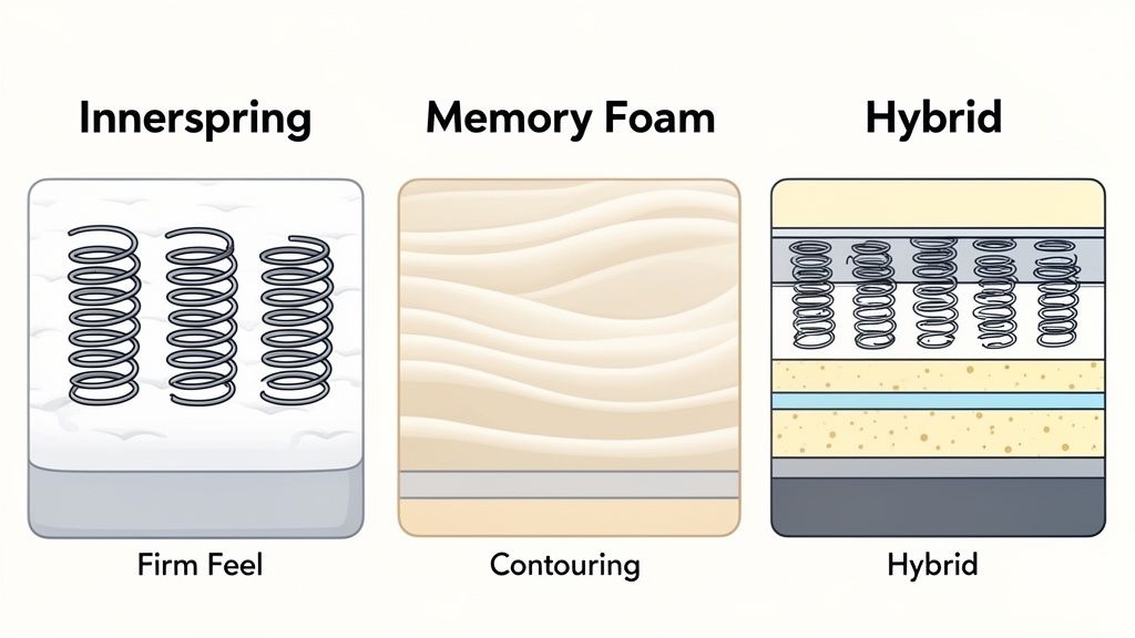 Diagram illustrating three mattress types: Innerspring for firm feel, Memory Foam for contouring, and a Hybrid.