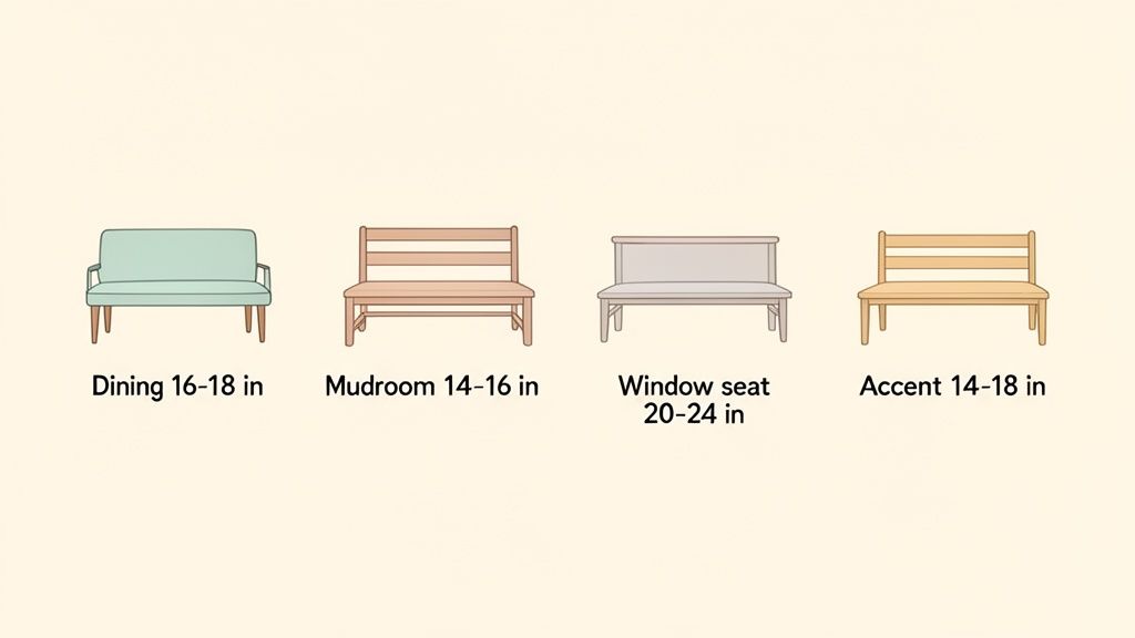 Illustration of four different benches: dining, mudroom, window seat, and accent, showing their recommended seat depths.