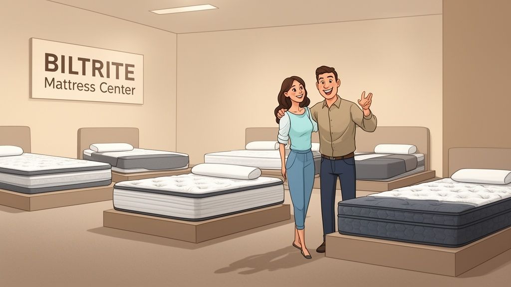 Smiling couple at BILTRITE Mattress Center, surrounded by various mattresses for sale.