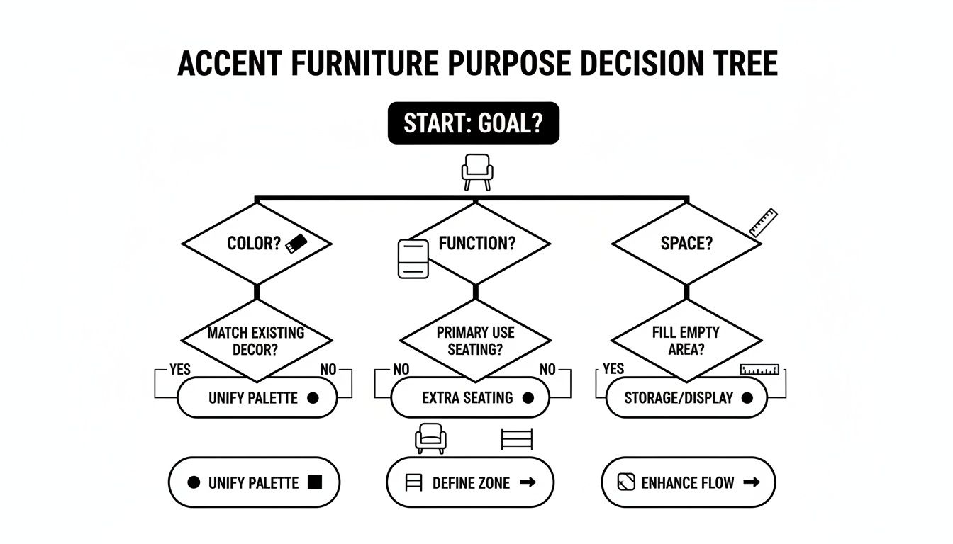 A decision tree flowchart outlining the purpose of accent furniture, guiding users to unify palette, add seating, define zones, or enhance flow.