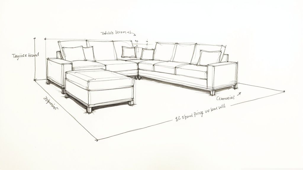 Hand-drawn sketch illustrating a large sectional sofa with an accompanying ottoman.