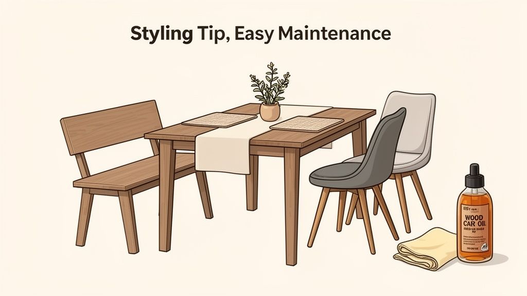 An illustrated dining set featuring a wooden table, bench, two chairs, and wood care products, highlighting easy maintenance.