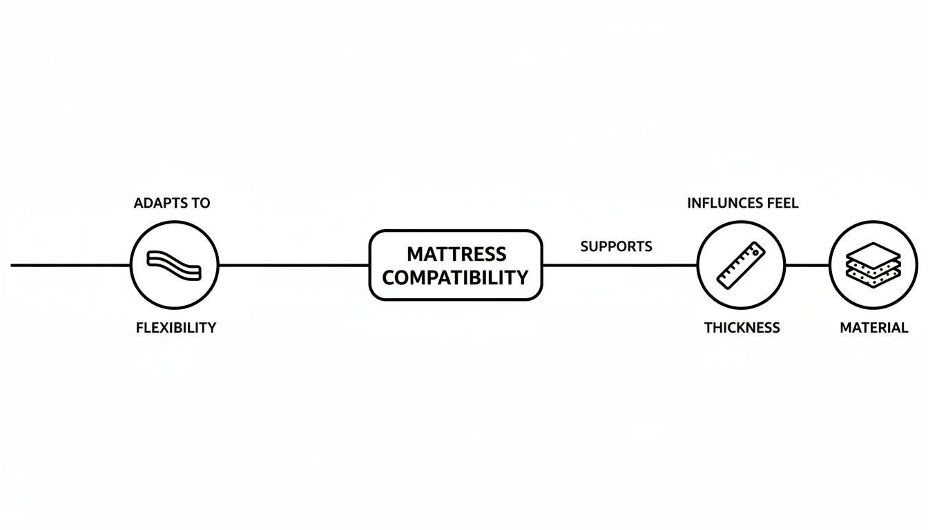 Diagram illustrating mattress compatibility factors: flexibility, thickness, and material influencing feel.