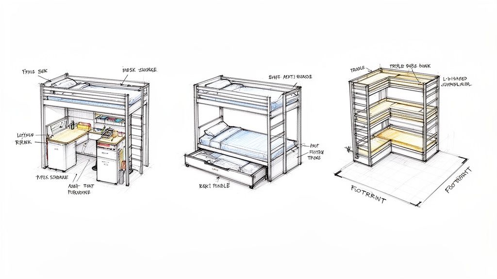 Three detailed sketches of bunk bed designs, including loft, standard with trundle, and triple L-shaped configurations.
