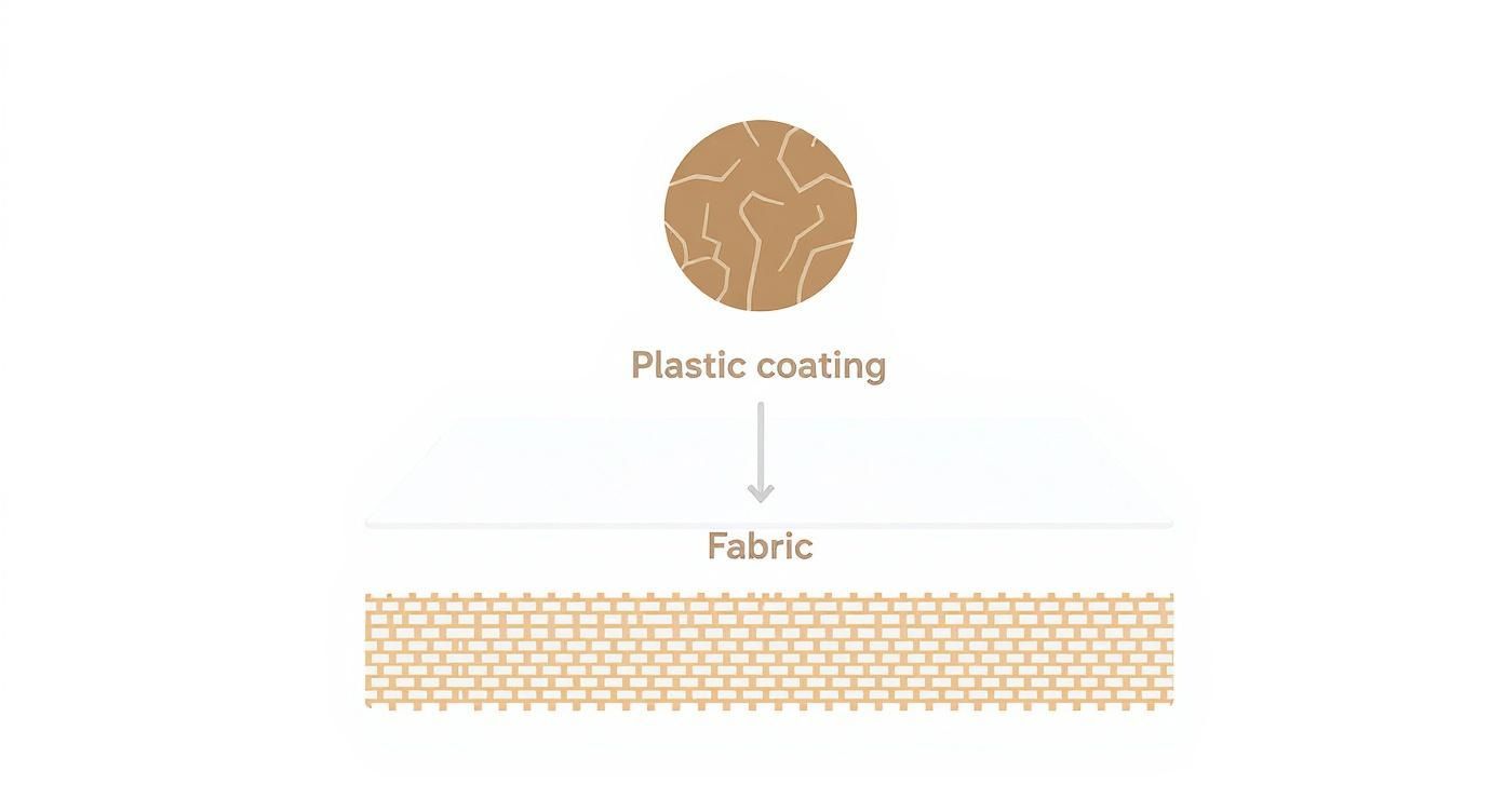 Infographic showing the two primary layers of faux leather construction: a top plastic coating and a bottom fabric base.