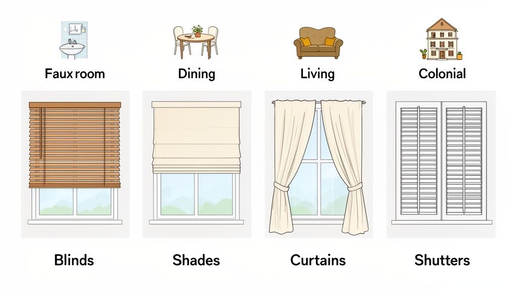Illustrations showing four types of window treatments: blinds, shades, curtains, and shutters, with room types.