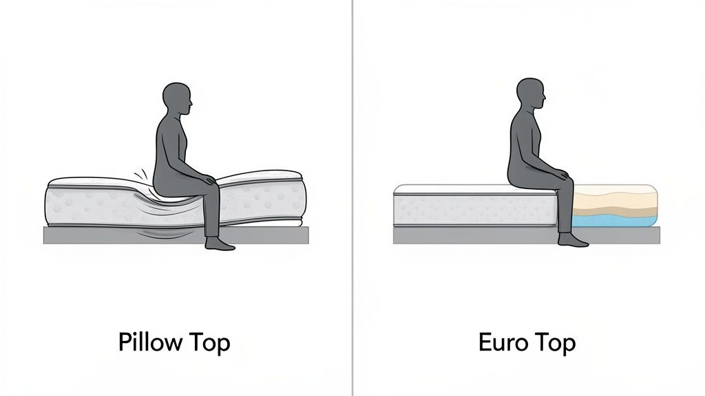 Illustrative diagram comparing pillow top and euro top mattresses with a person sitting on each.