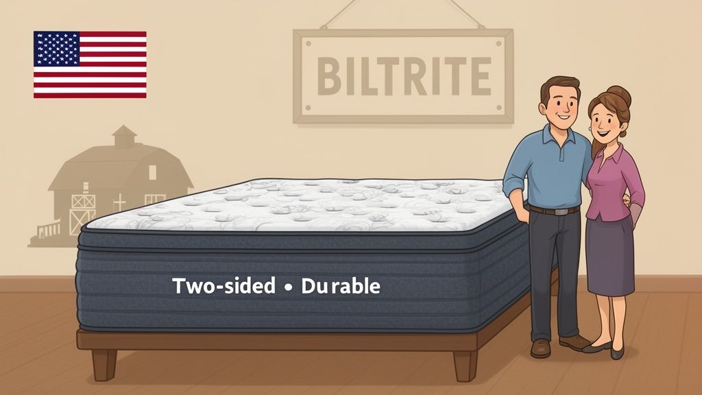 An illustration of a mattress labeled 'Two-sided • Durable' with a smiling couple, American flag, and Biltrite sign.