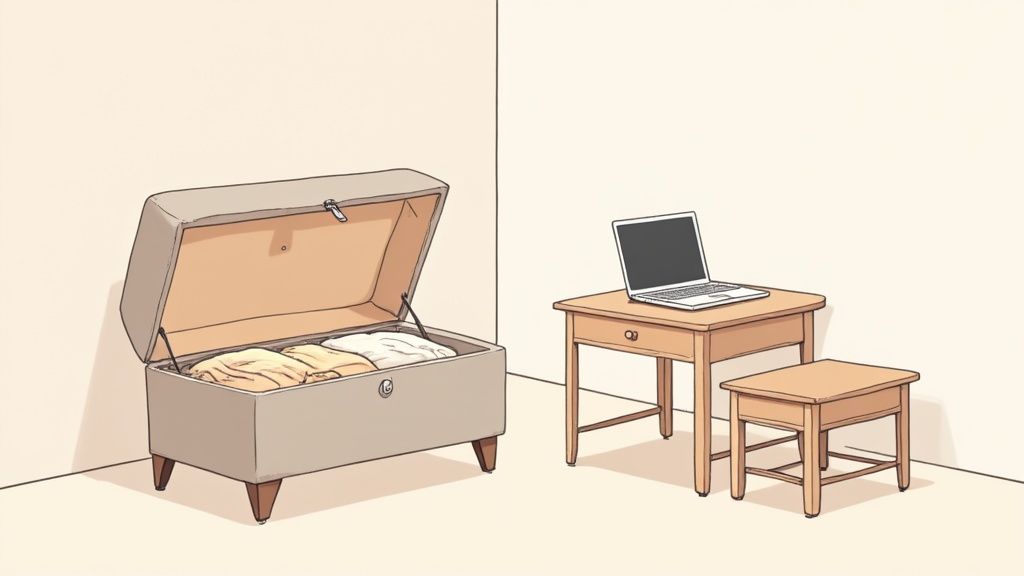 An illustration of an open storage ottoman with folded clothes, a desk with a laptop, and a small stool.