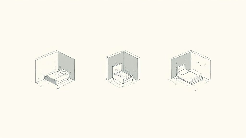 Isometric drawings showing three different twin bed configurations in minimalist room corners.