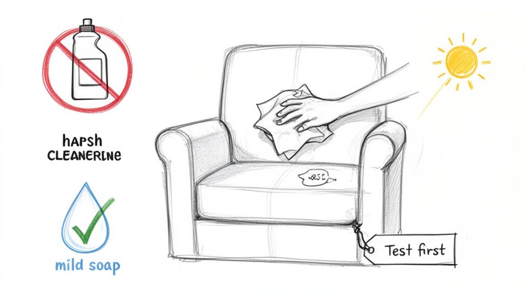 Illustration demonstrating cleaning a couch with mild soap, avoiding harsh cleaners, and advising to test first.
