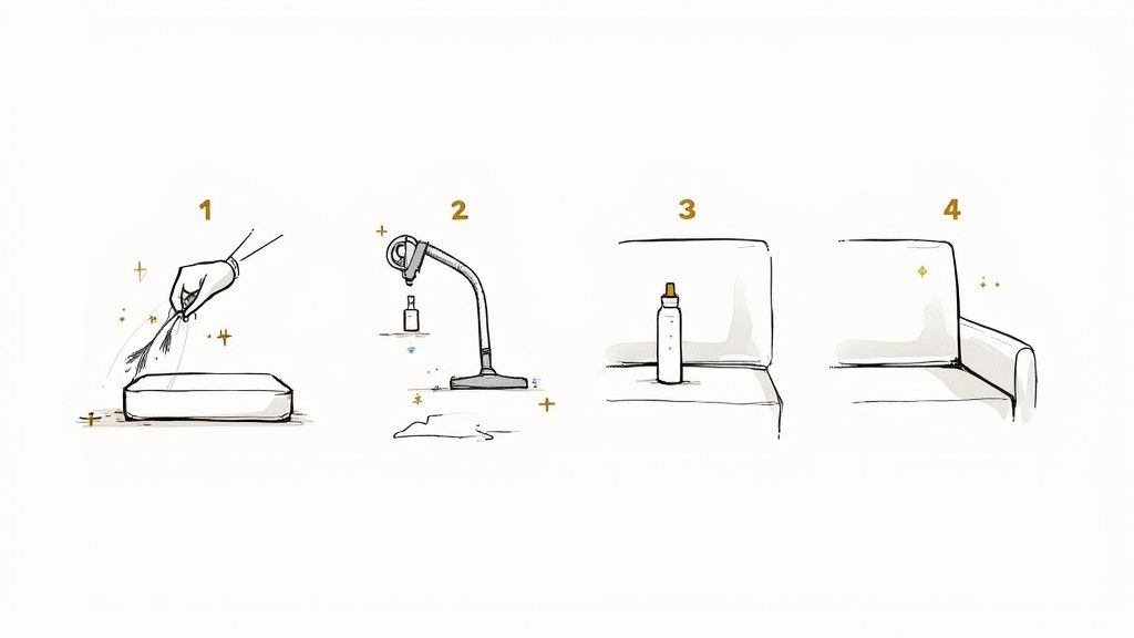 Illustration showing a four-step process for sofa cleaning, including dusting, vacuuming, and refreshing.