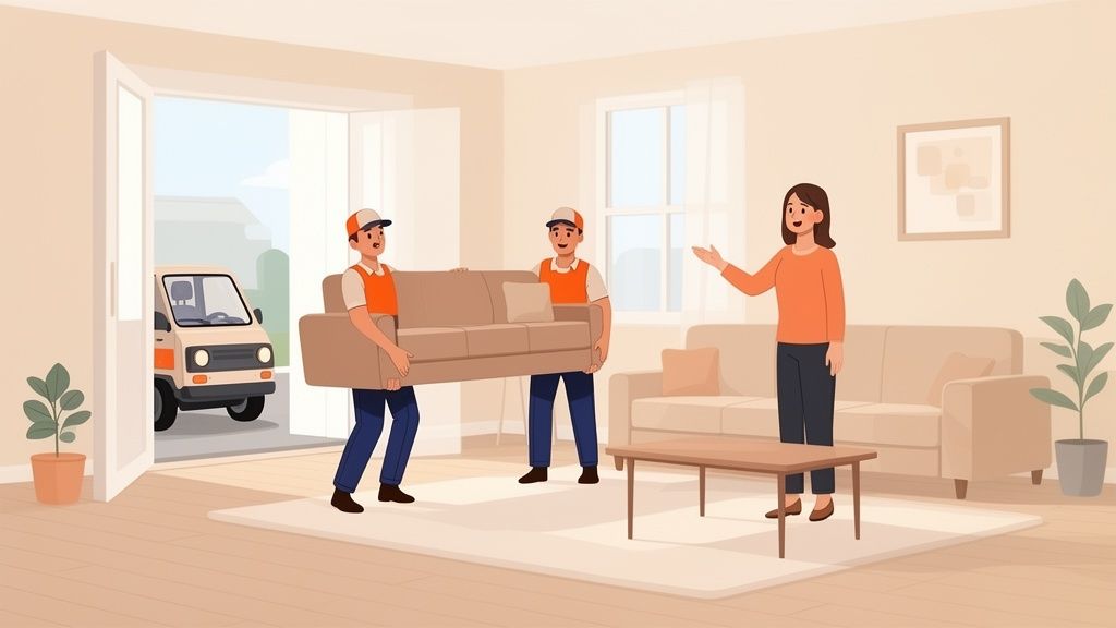 Two movers carry a sofa into a bright living room, guided by a woman, with a moving truck outside.