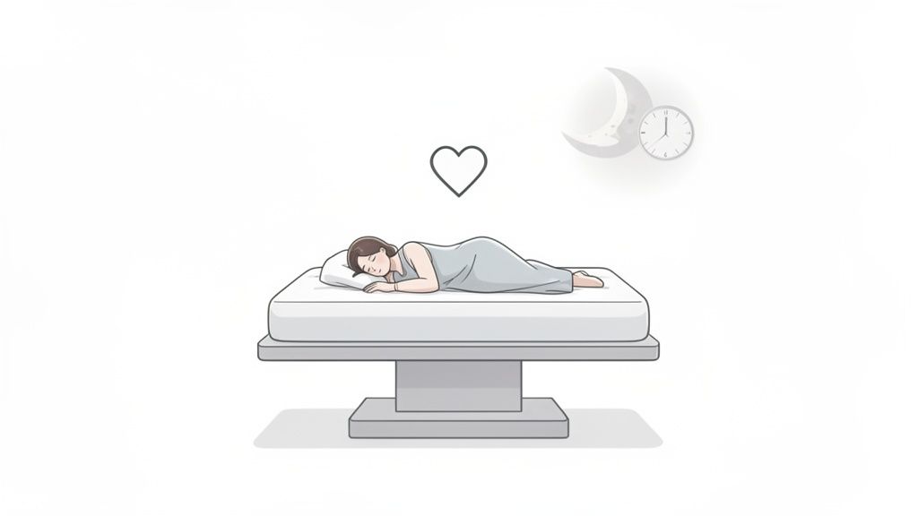 An illustration of a woman sleeping soundly on her side in bed, representing good quality sleep at night.