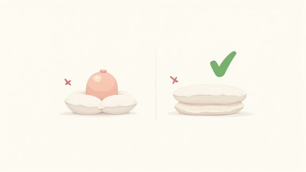Illustration contrasting incorrect pillow usage on left with proper pillow stacking on right.