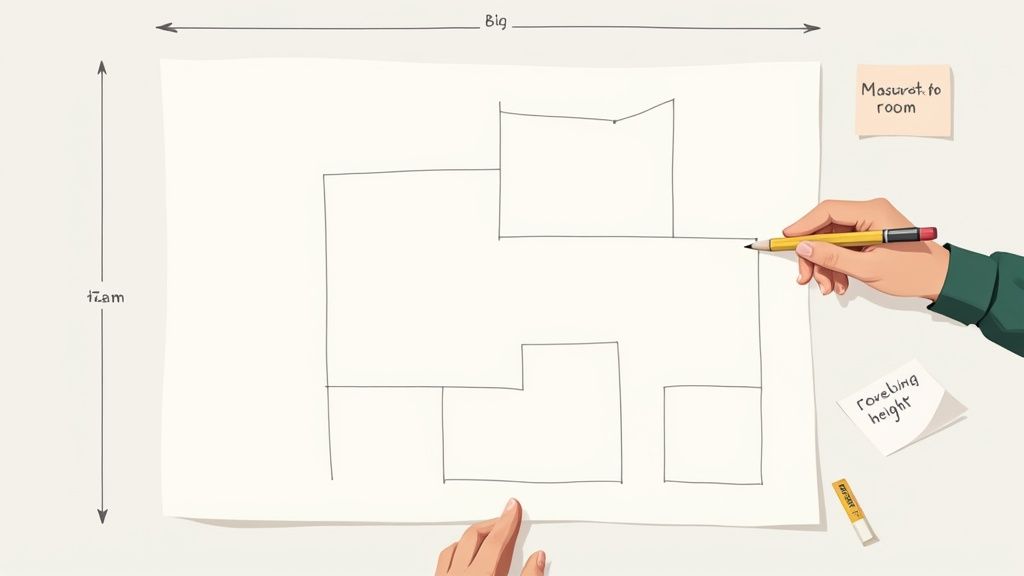 Hands drawing a room floor plan with a pencil on a large sheet of paper, showing dimensions and notes.