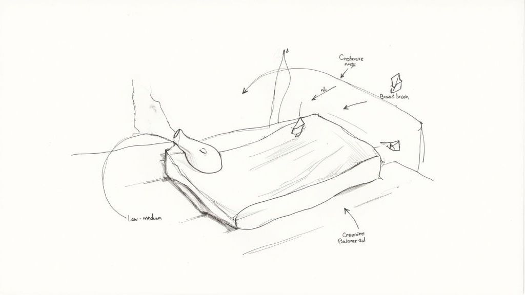 Monochrome technical sketch showing a cleaning process on a sofa with an applicator and annotations.