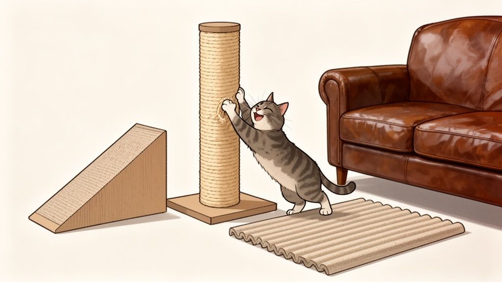A happy cat is actively scratching a tall sisal post, with cardboard scratchers and a leather couch nearby.