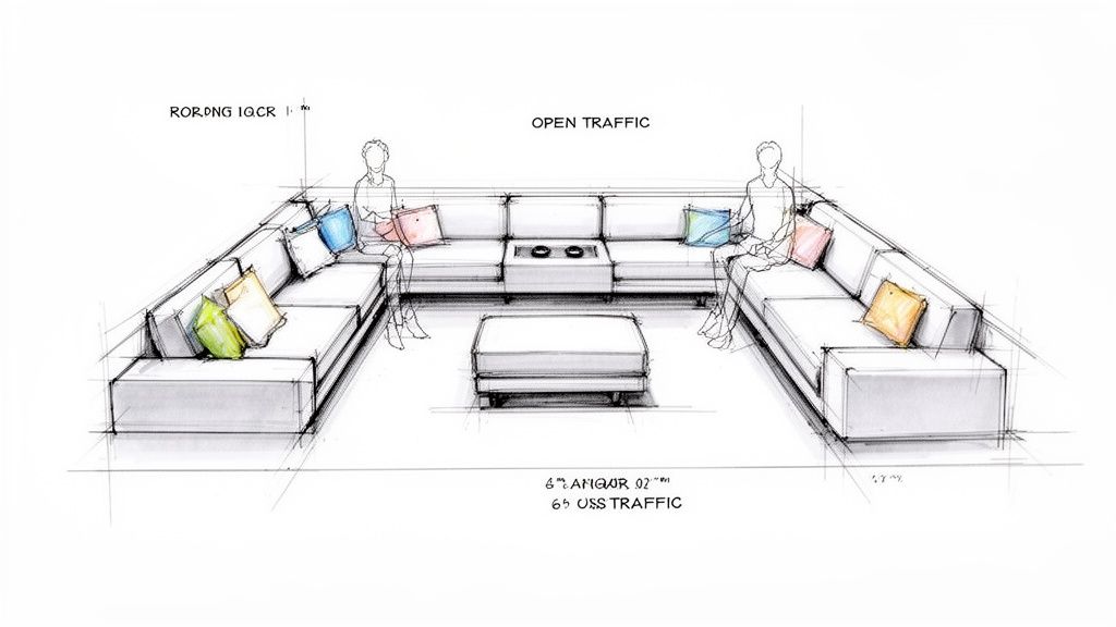 Hand-drawn sketch illustrating a U-shaped sectional sofa layout with an ottoman, colorful pillows, and designated open traffic areas.