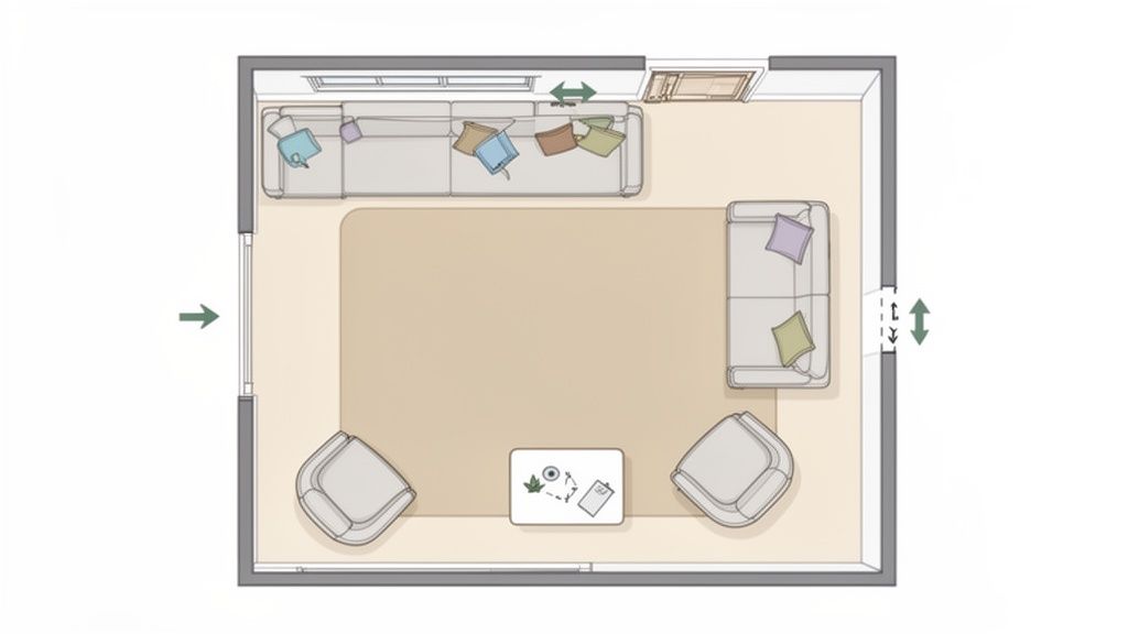 Top-down view of a living room floor plan with an L-shaped sofa, a two-seater sofa, two armchairs, and a coffee table arranged on a large rug.