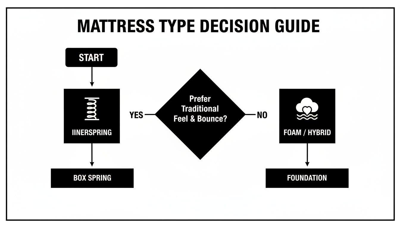 A flowchart decision guide for choosing mattress types, showing options for innerspring with box spring or foam/hybrid with a foundation.
