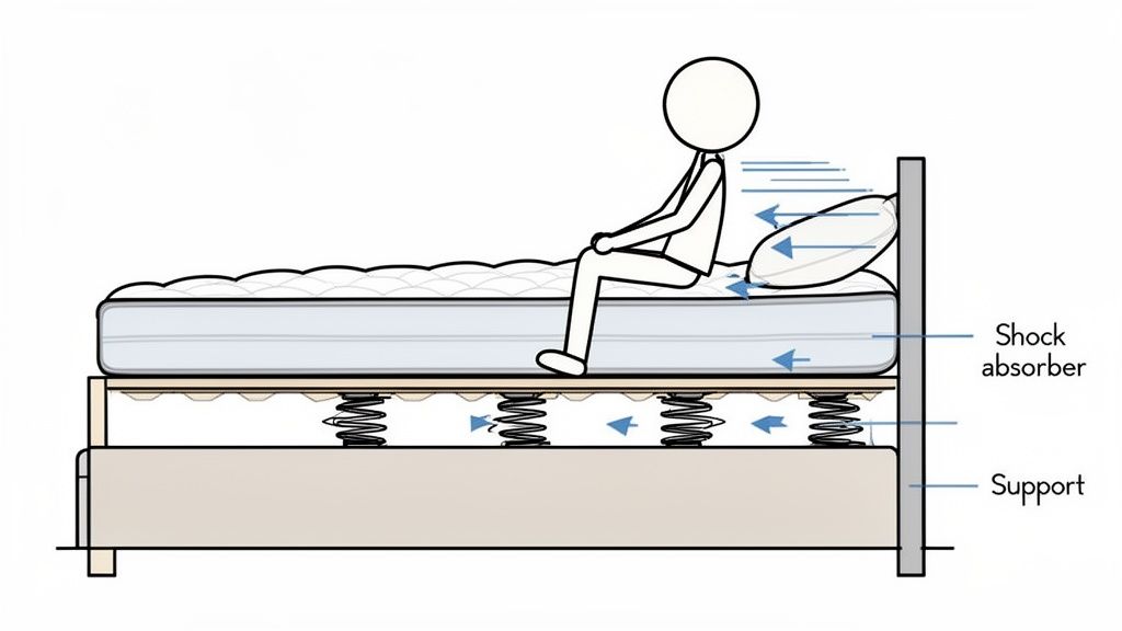 Diagram illustrating a person sitting on a mattress, revealing the shock absorber layer with springs and the support base.