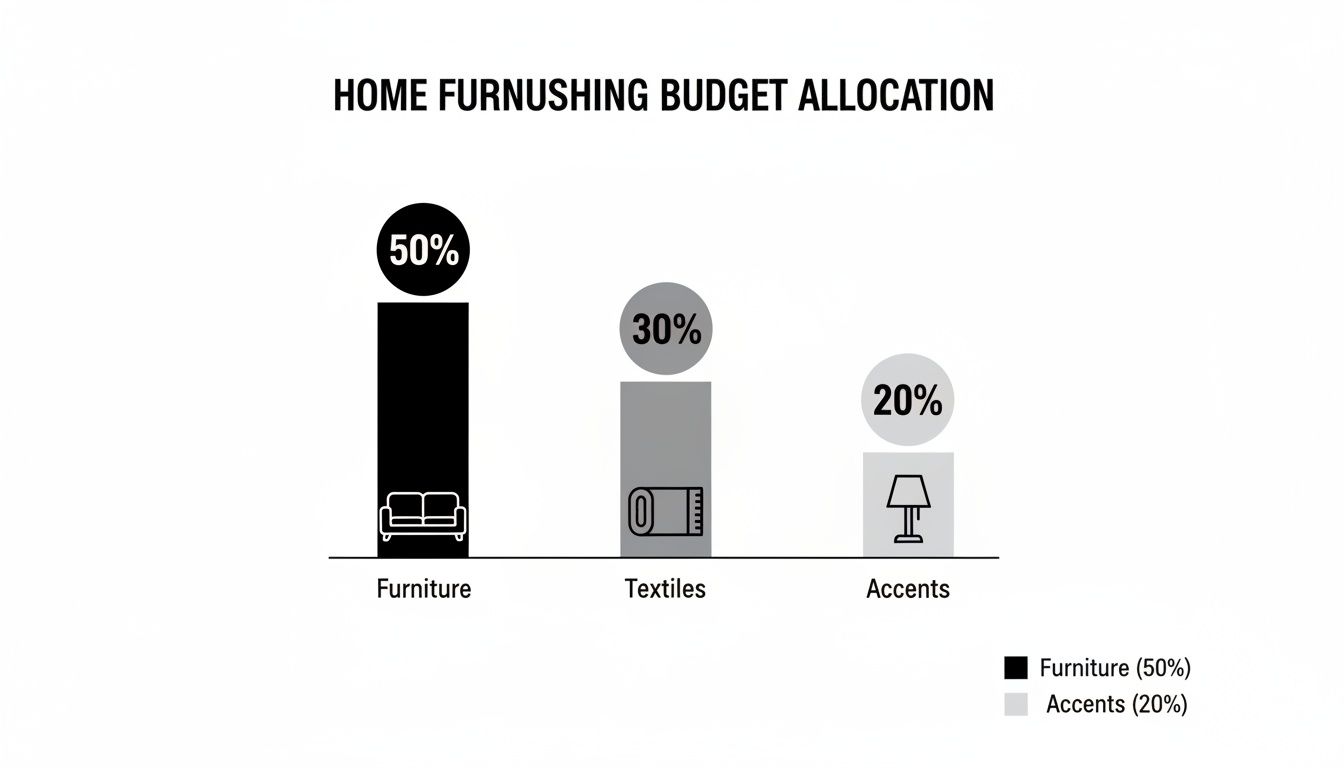 Bar chart showing home furnishing budget allocation: 50% for furniture, 30% for textiles, and 20% for accents.
