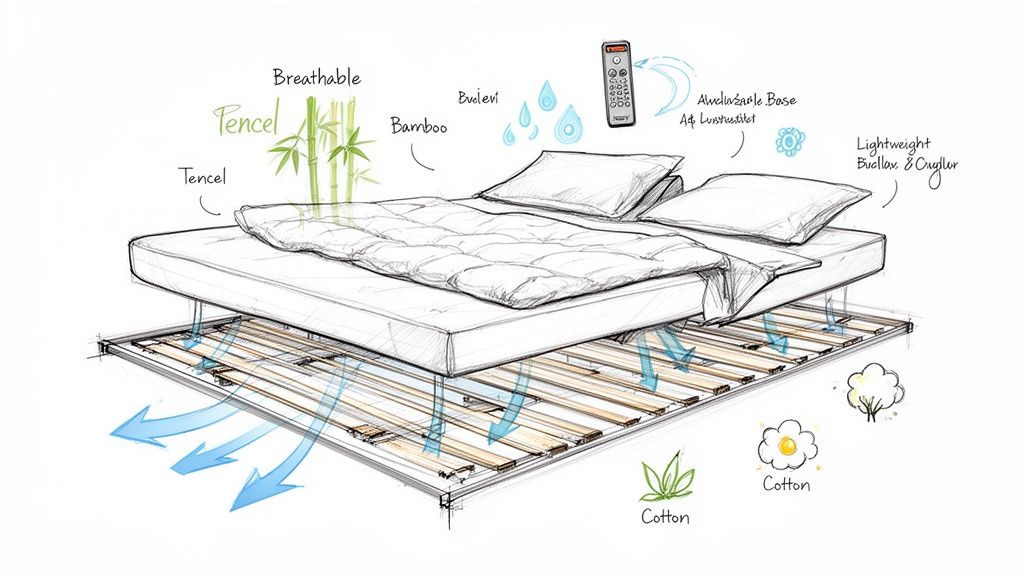 An illustration of a breathable bed with Tencel, bamboo, and cotton materials, showing airflow and an adjustable base.