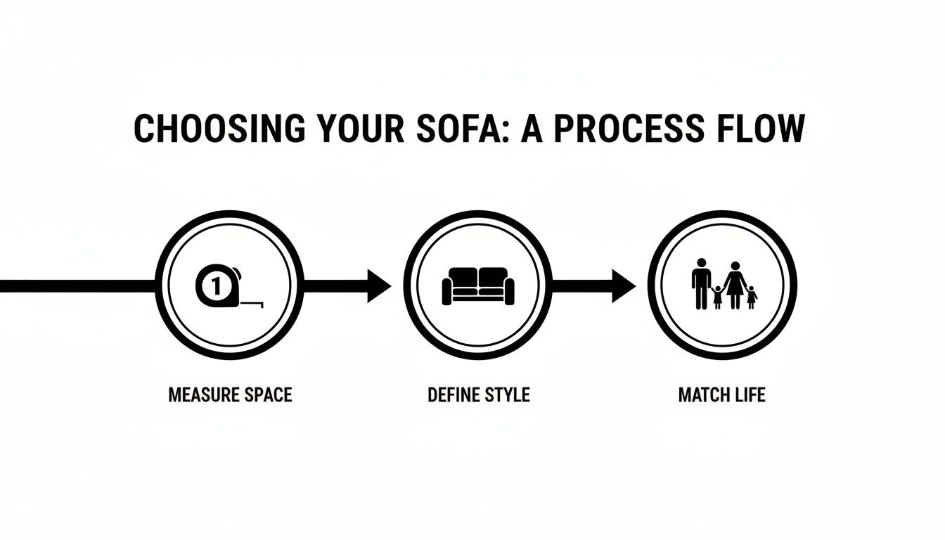 A process flow diagram illustrates how to choose a sofa, showing steps for measuring space, defining style, and matching lifestyle.