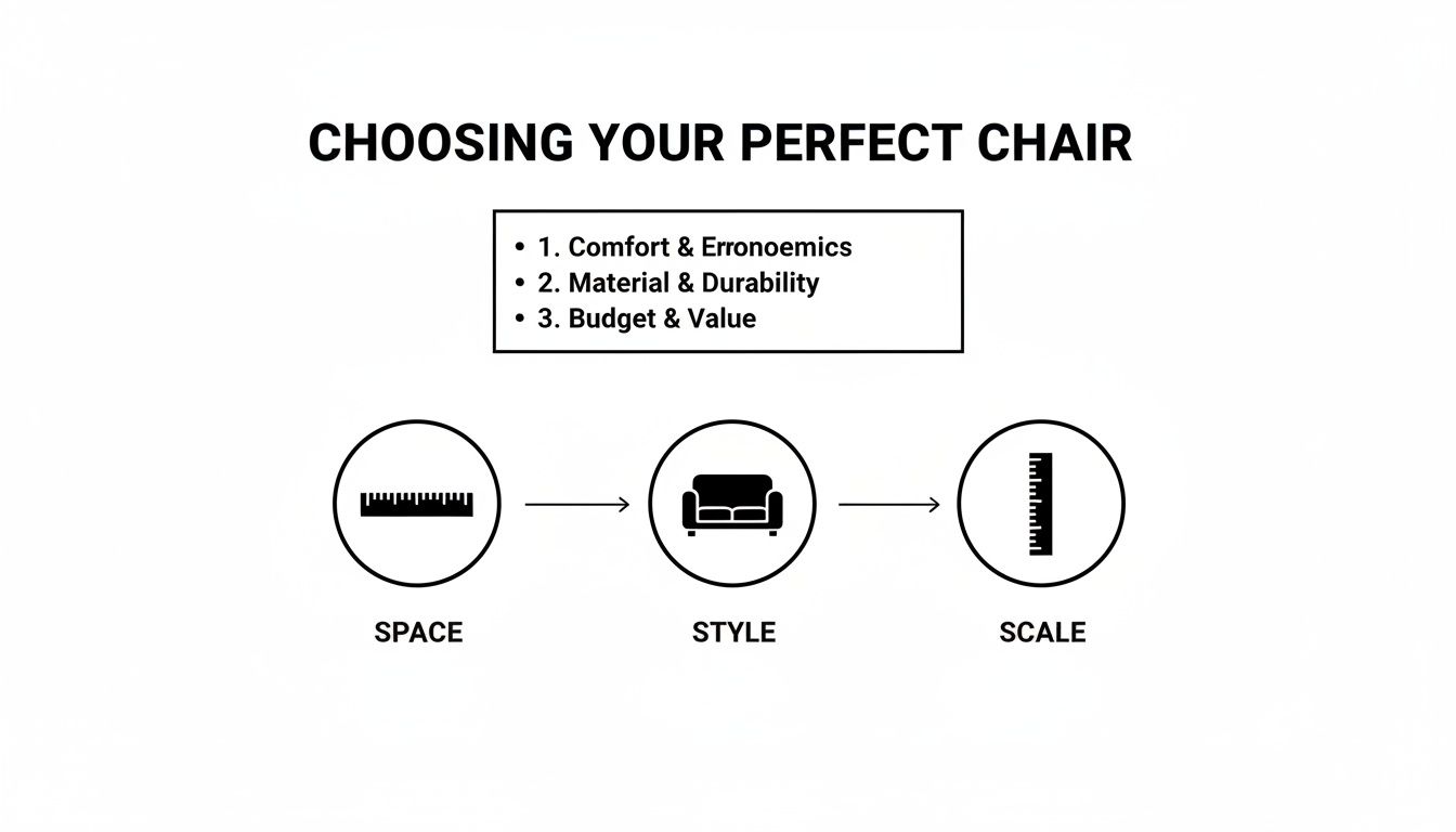 A diagram guiding chair selection, considering comfort, material, budget, space, style, and scale.