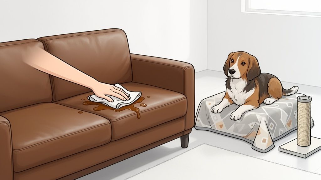 A person cleans a spill on a brown leather couch with a cloth, while a beagle dog rests nearby.
