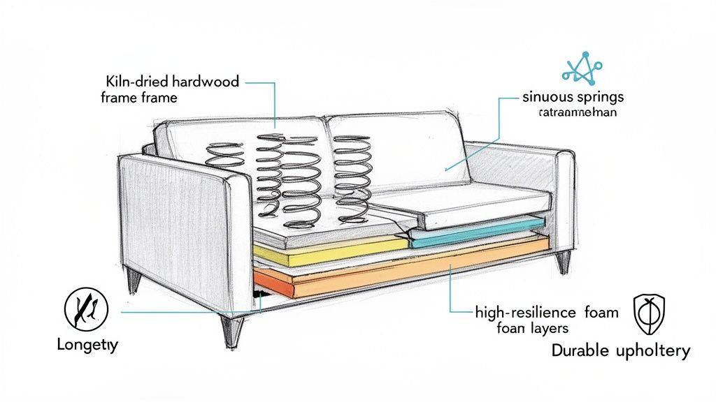 Detailed cutaway diagram showing a sofa's internal construction: kiln-dried hardwood frame, sinuous springs, high-resilience foam layers, and durable upholstery.