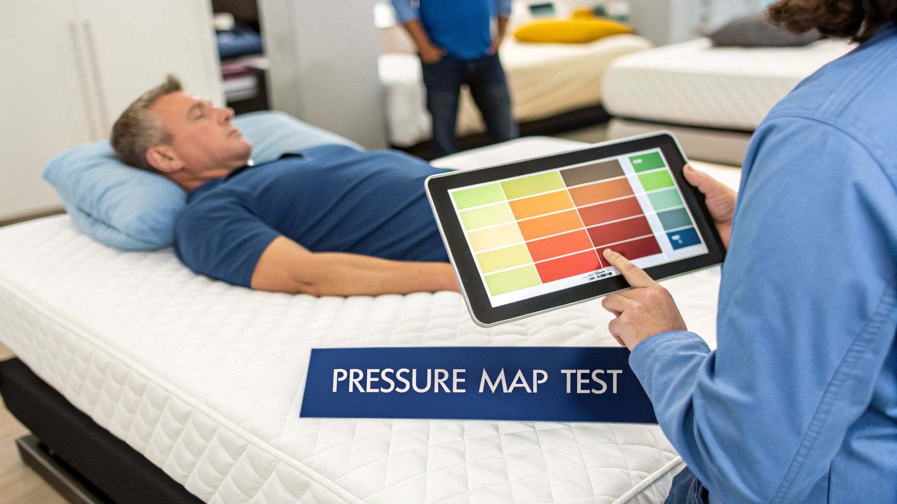 Man undergoing a pressure map test on a mattress while an assistant reviews the results on a tablet.