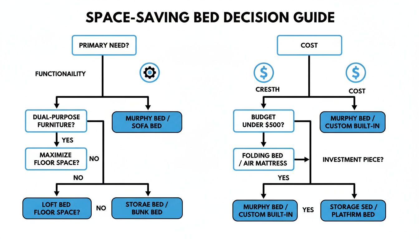 Decision guide flowchart comparing space-saving beds based on functionality and cost, including Murphy, sofa, and storage beds.
