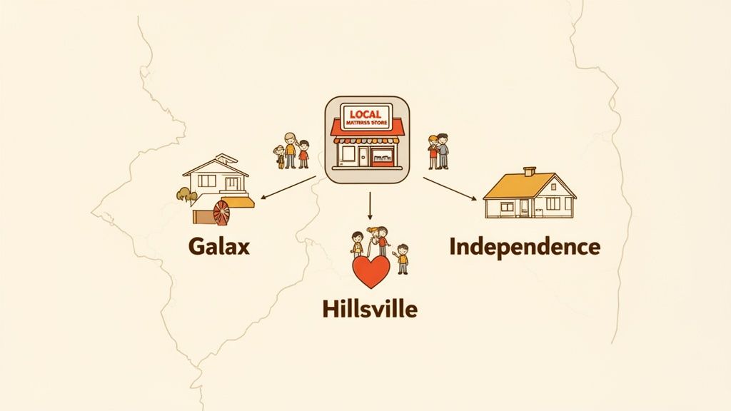 An illustration showing a local mattress store serving customers in Galax, Hillsville, and Independence on a map.