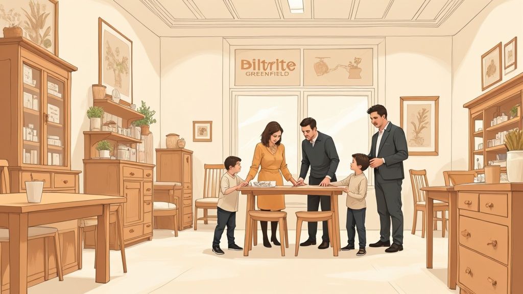 A woman browsing the Amish furniture section at the BILTRITE showroom.