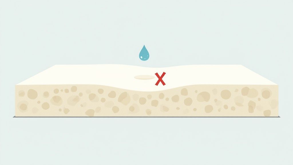 Illustration showing a water droplet falling onto a memory foam mattress with a red X, signifying water damage.