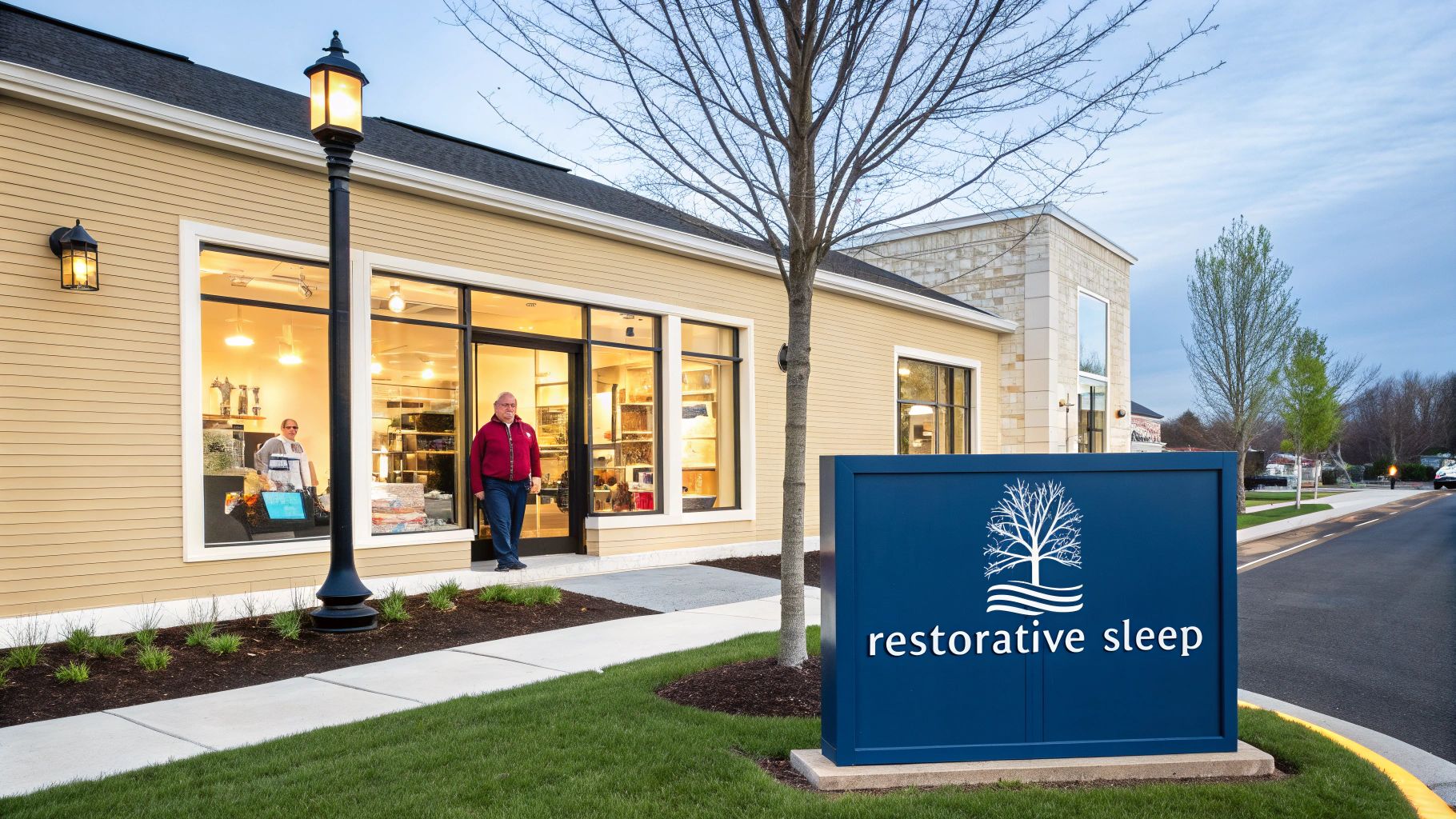 Exterior view of 'Restorative Sleep' store with a man standing at the entrance and a blue sign.