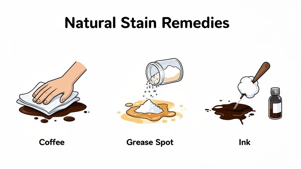Illustrative guide on natural stain remedies for coffee, grease, and ink spills.