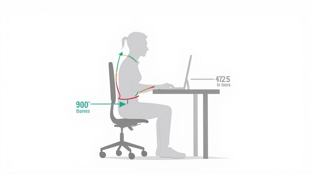 Illustration of a person with proper ergonomic posture sitting at a desk with a laptop.