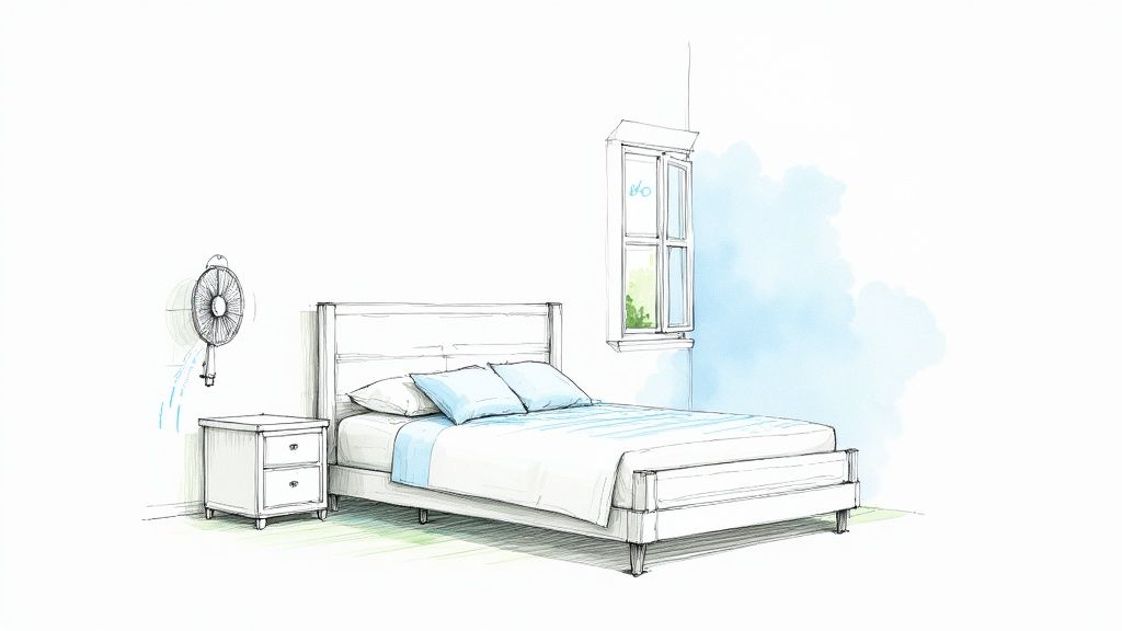 Illustration of a bedroom setup for hot sleepers, featuring a bed, wall fan, and open window.