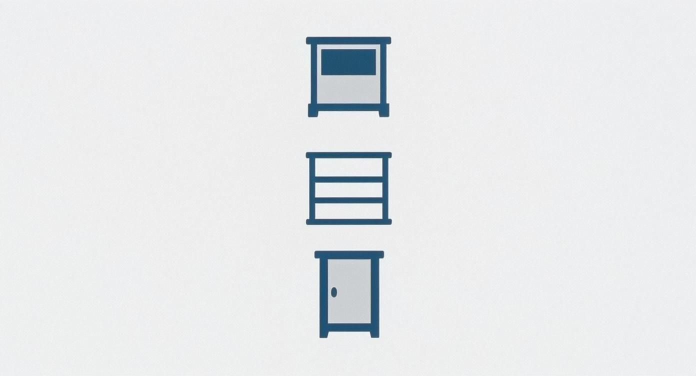 Three minimalist illustrations showing different types of storage furniture: a cabinet, a bookshelf, and a cupboard.