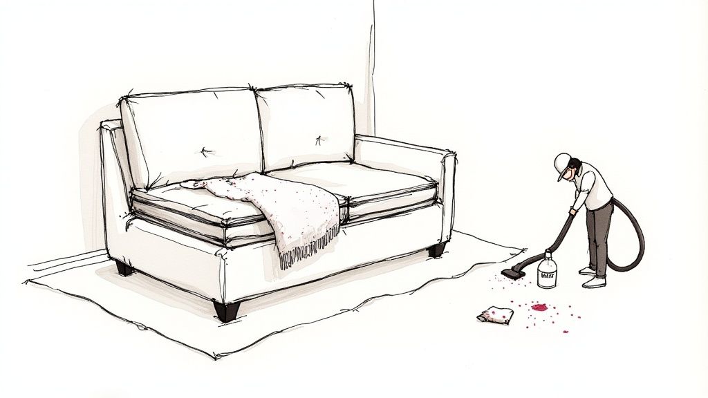 A person uses a steam cleaner to remove red spills from the floor next to a white sofa.