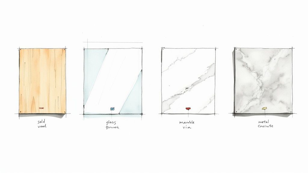 Four material samples for dining table surfaces including solid wood, glass, marble, and metal finishes
