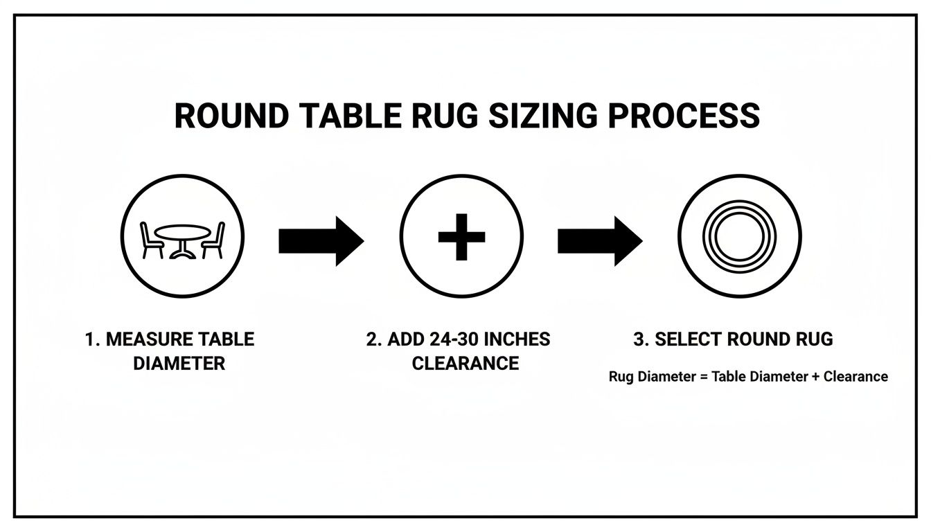 Diagram showing three steps for sizing a round rug for a dining table.