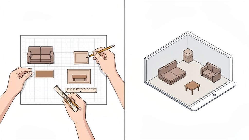 Hands manually drawing a furniture layout on grid paper next to a tablet displaying a digital 3D room design.