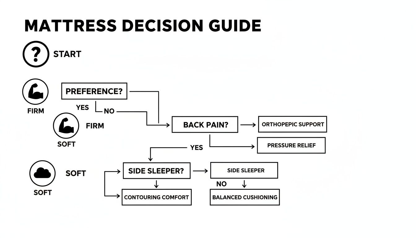 A mattress decision guide flowchart helping users choose based on firmness, back pain, and sleeping style.