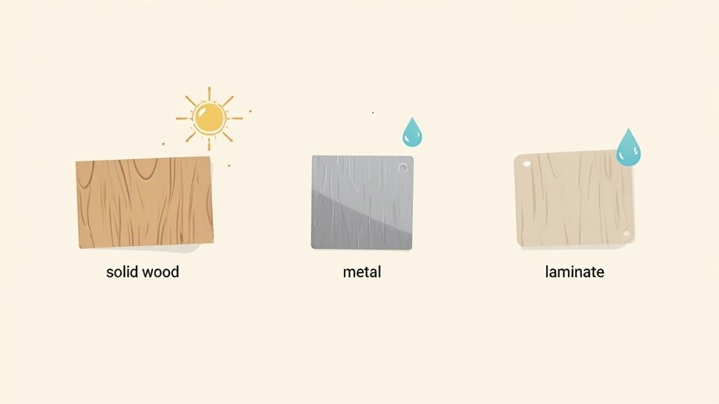 Three material samples: solid wood under sun, metal, and laminate with water drops, illustrating material properties.