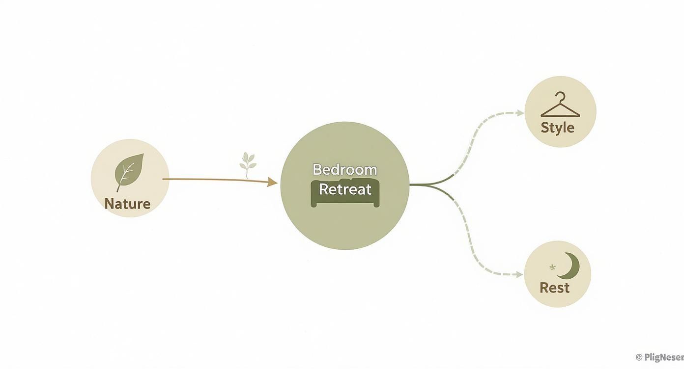 Mind map illustrating how nature inspires a bedroom retreat for style and rest.