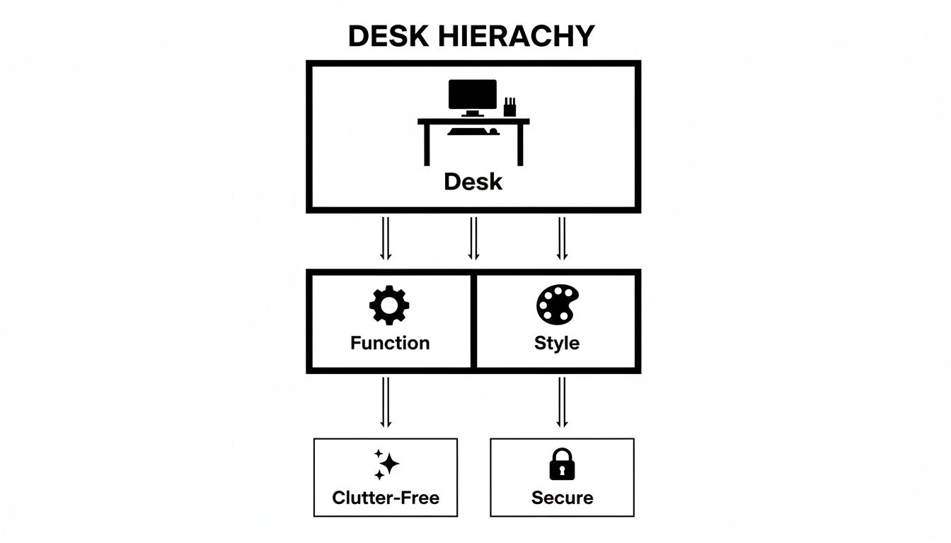 A desk hierarchy diagram illustrating Desk leading to Function and Style, further breaking down to Clutter-Free and Secure features.